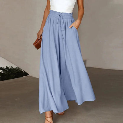 Effortless Linen Wide Leg Pants for Women with High Waist Drawstring Flowy A-Line Pocket Style