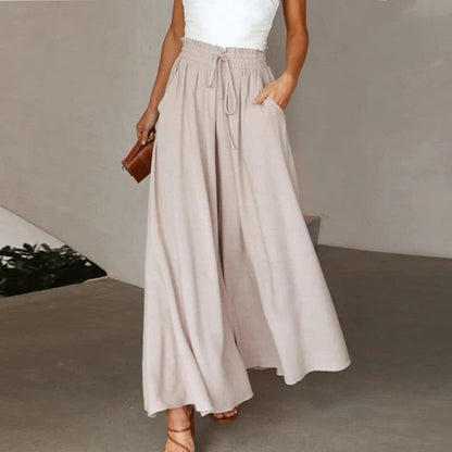 Effortless Linen Wide Leg Pants for Women with High Waist Drawstring Flowy A-Line Pocket Style
