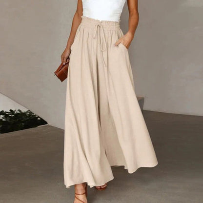Effortless Linen Wide Leg Pants for Women with High Waist Drawstring Flowy A-Line Pocket Style