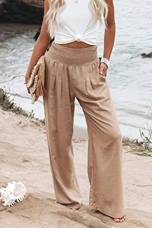 Effortless Linen Wide Leg Pants for Women with High Waist Smocked Waistband Flowing Casual Style