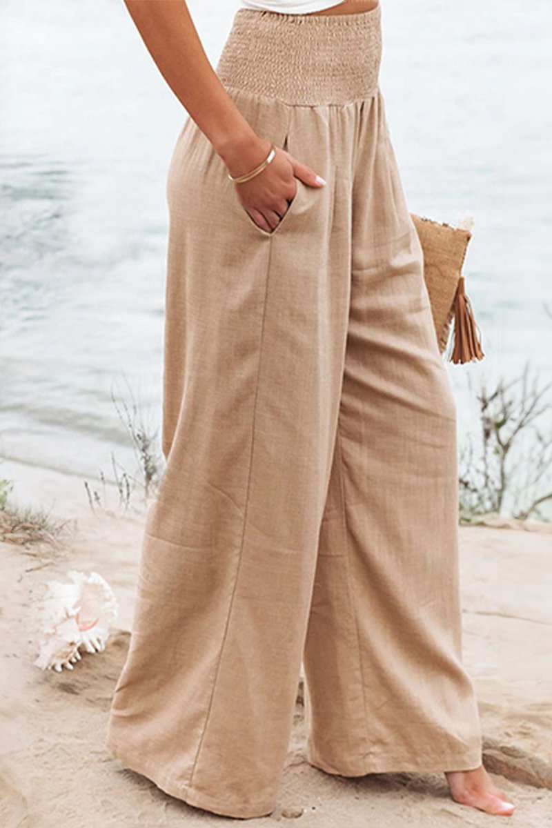 Effortless Linen Wide Leg Pants for Women with High Waist Smocked Waistband Flowing Casual Style
