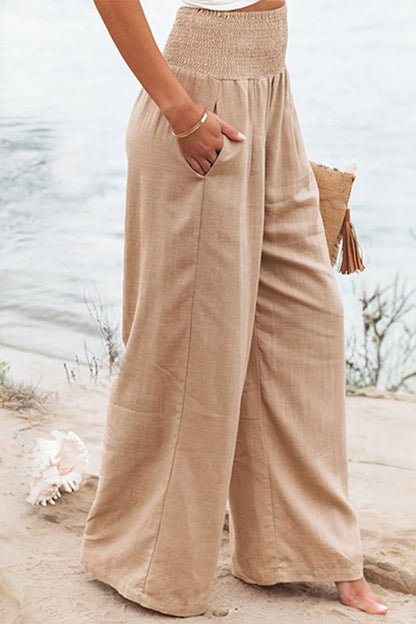 Effortless Linen Wide Leg Pants for Women with High Waist Smocked Waistband Flowing Casual Style