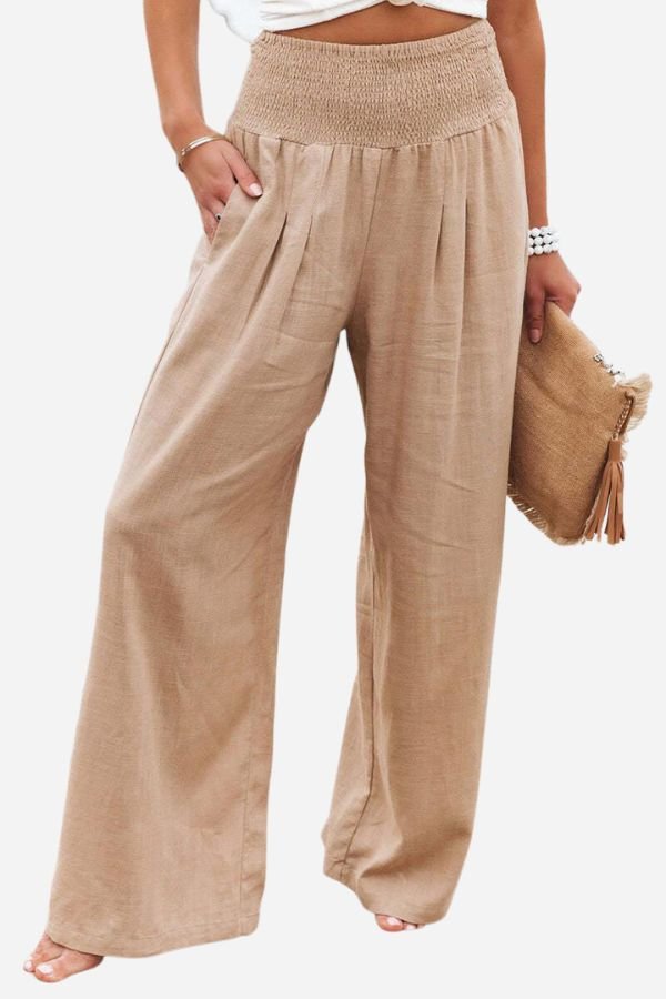Effortless Linen Wide Leg Pants for Women with High Waist Smocked Waistband Flowing Casual Style