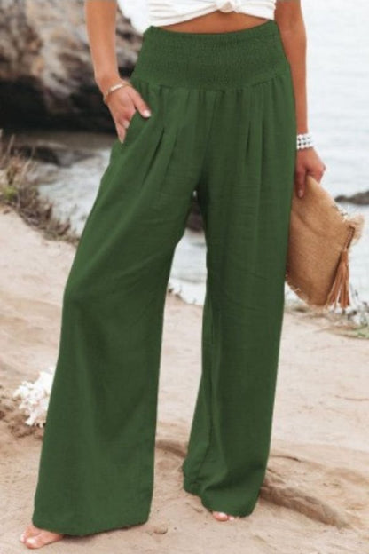 Effortless Linen Wide Leg Pants for Women with High Waist Smocked Waistband Flowing Casual Style