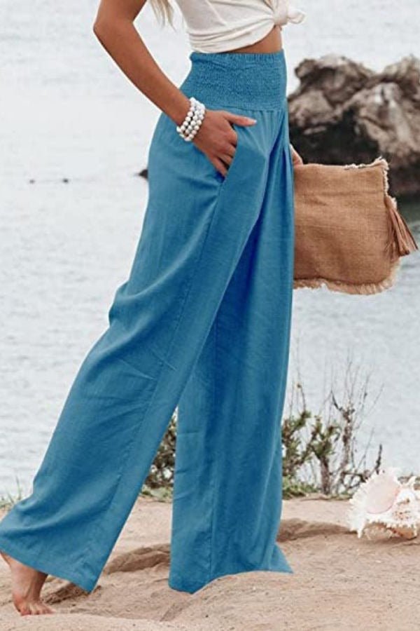 Effortless Linen Wide Leg Pants for Women with High Waist Smocked Waistband Flowing Casual Style