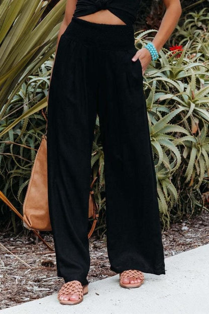 Effortless Linen Wide Leg Pants for Women with High Waist Smocked Waistband Flowing Casual Style