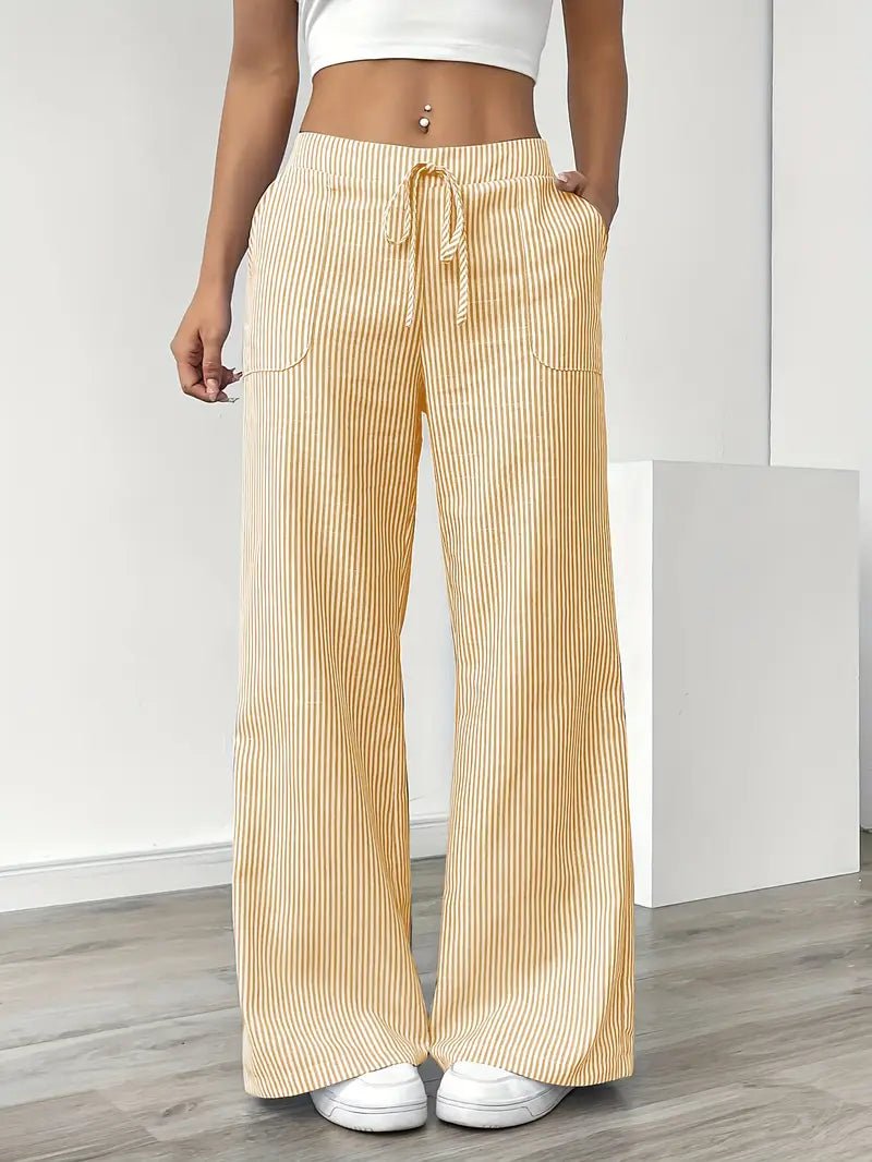 Effortless Striped Linen Wide Leg Pants for Women with Drawstring Waist Pocket Casual Style