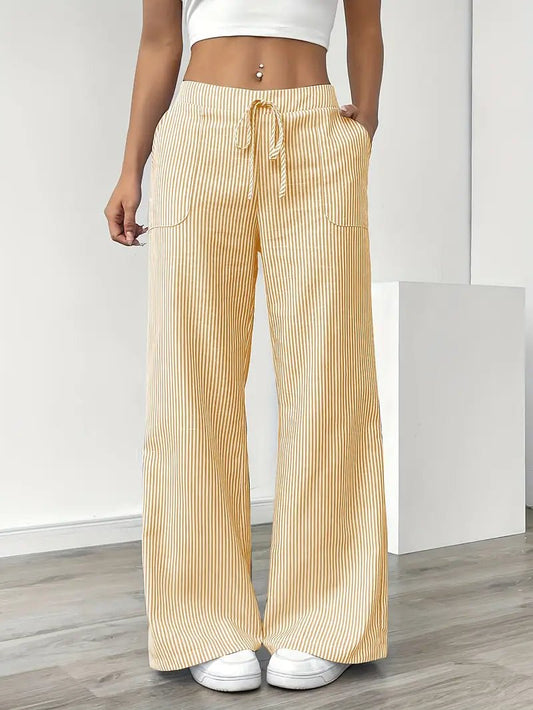 Effortless Striped Linen Wide Leg Pants for Women with Drawstring Waist Pocket Casual Style