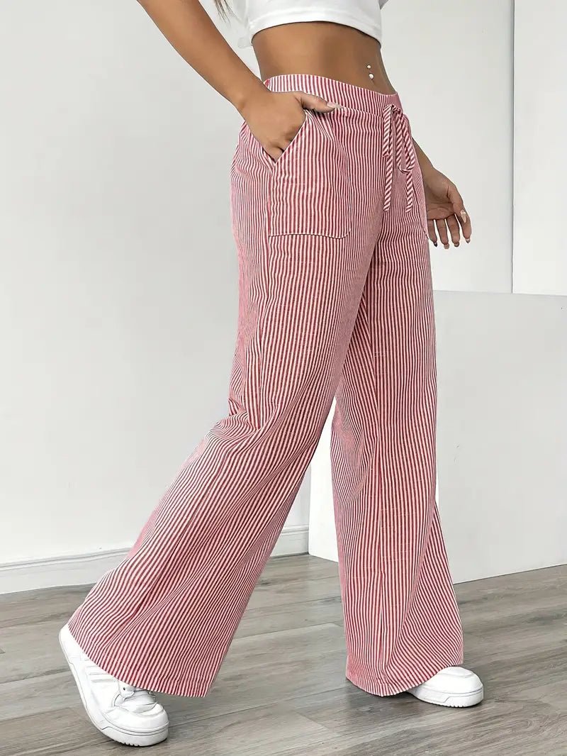 Effortless Striped Linen Wide Leg Pants for Women with Drawstring Waist Pocket Casual Style