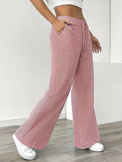 Effortless Striped Linen Wide Leg Pants for Women with Drawstring Waist Pocket Casual Style
