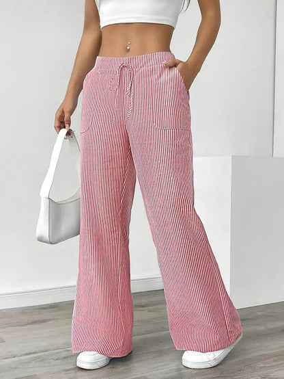 Effortless Striped Linen Wide Leg Pants for Women with Drawstring Waist Pocket Casual Style