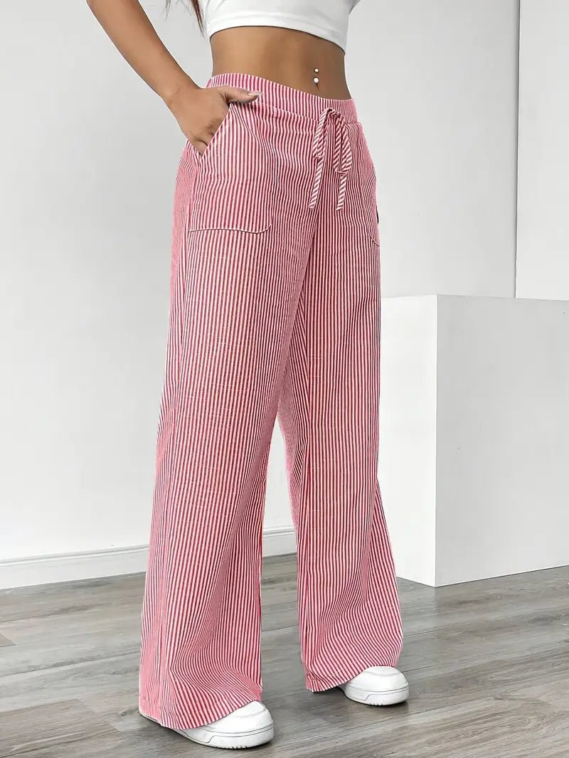 Effortless Striped Linen Wide Leg Pants for Women with Drawstring Waist Pocket Casual Style