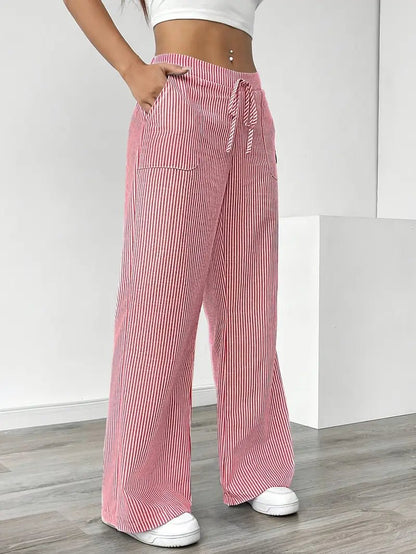 Effortless Striped Linen Wide Leg Pants for Women with Drawstring Waist Pocket Casual Style