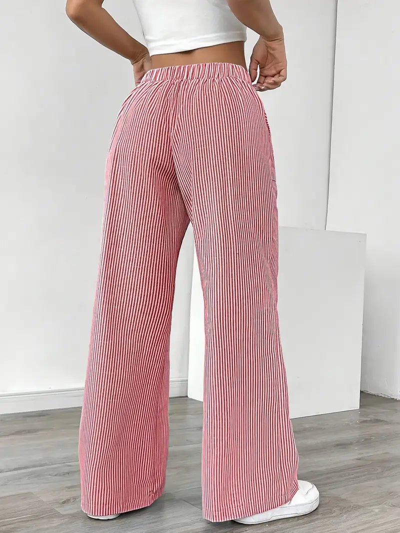 Effortless Striped Linen Wide Leg Pants for Women with Drawstring Waist Pocket Casual Style