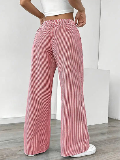 Effortless Striped Linen Wide Leg Pants for Women with Drawstring Waist Pocket Casual Style
