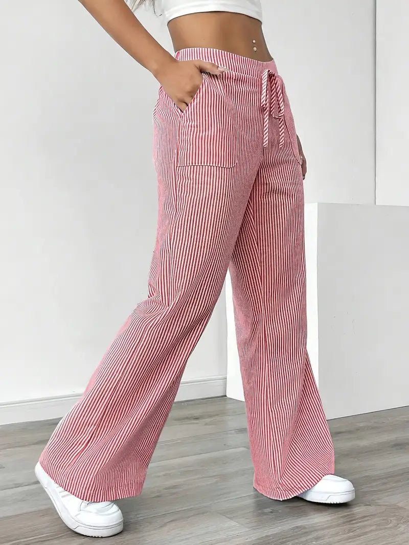 Effortless Striped Linen Wide Leg Pants for Women with Drawstring Waist Pocket Casual Style