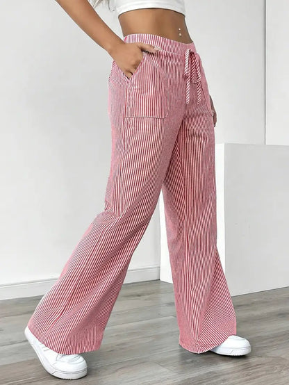 Effortless Striped Linen Wide Leg Pants for Women with Drawstring Waist Pocket Casual Style