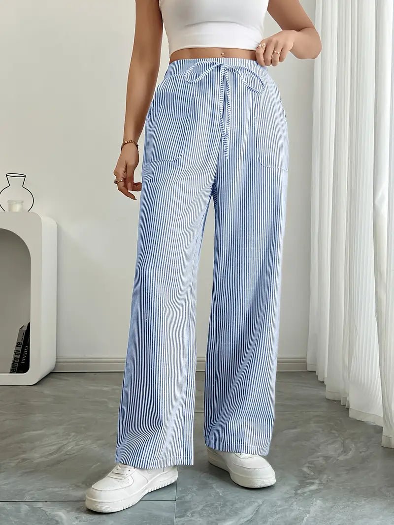 Effortless Striped Linen Wide Leg Pants for Women with Drawstring Waist Pocket Casual Style