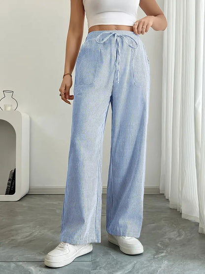 Effortless Striped Linen Wide Leg Pants for Women with Drawstring Waist Pocket Casual Style