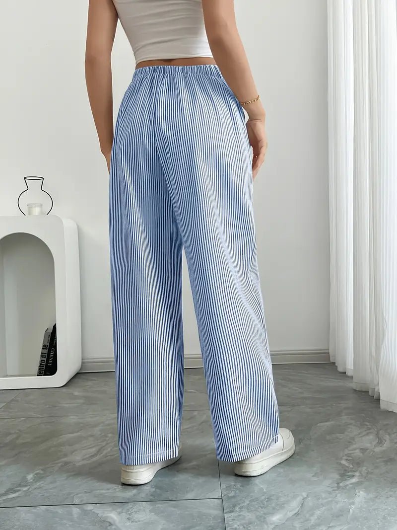Effortless Striped Linen Wide Leg Pants for Women with Drawstring Waist Pocket Casual Style