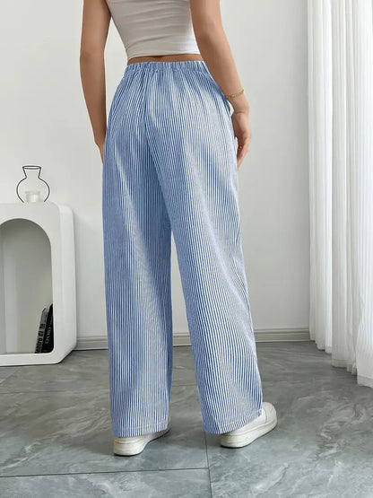 Effortless Striped Linen Wide Leg Pants for Women with Drawstring Waist Pocket Casual Style
