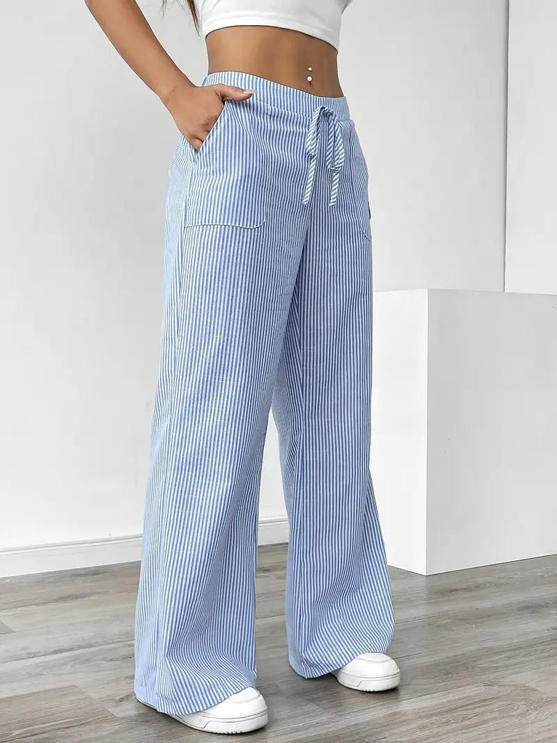 Effortless Striped Linen Wide Leg Pants for Women with Drawstring Waist Pocket Casual Style