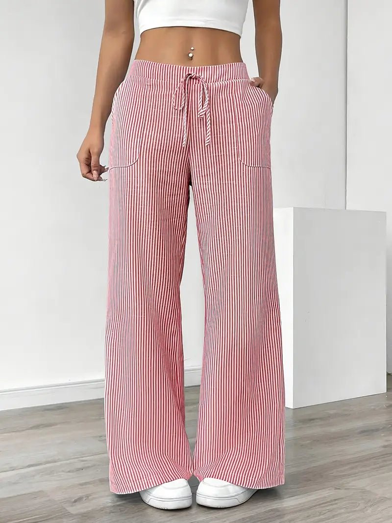Effortless Striped Linen Wide Leg Pants for Women with Drawstring Waist Pocket Casual Style