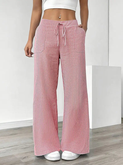 Effortless Striped Linen Wide Leg Pants for Women with Drawstring Waist Pocket Casual Style