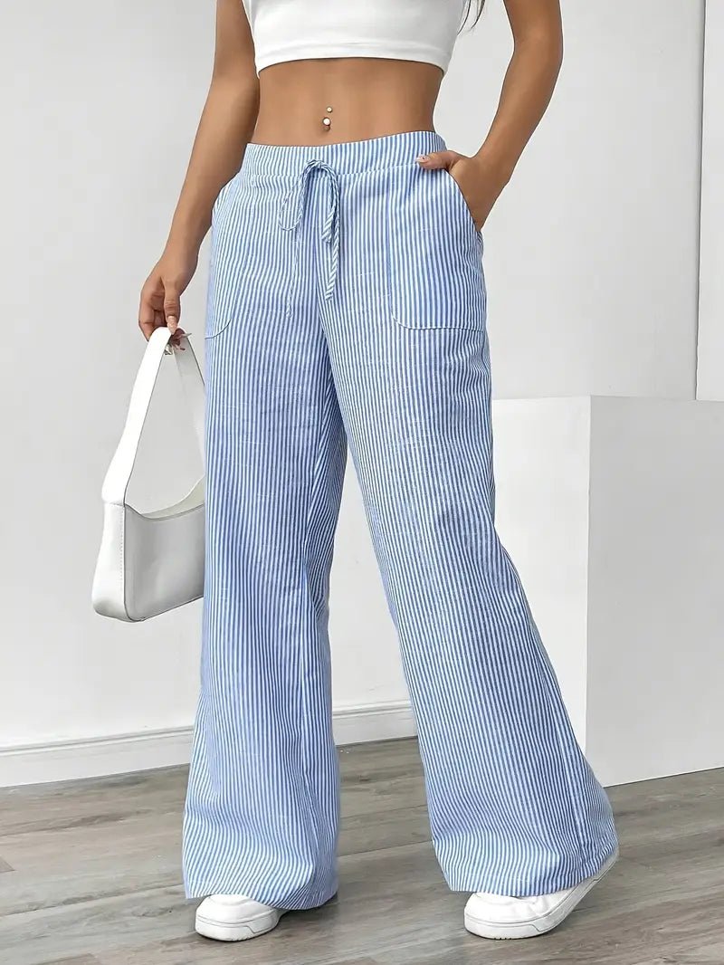 Effortless Striped Linen Wide Leg Pants for Women with Drawstring Waist Pocket Casual Style