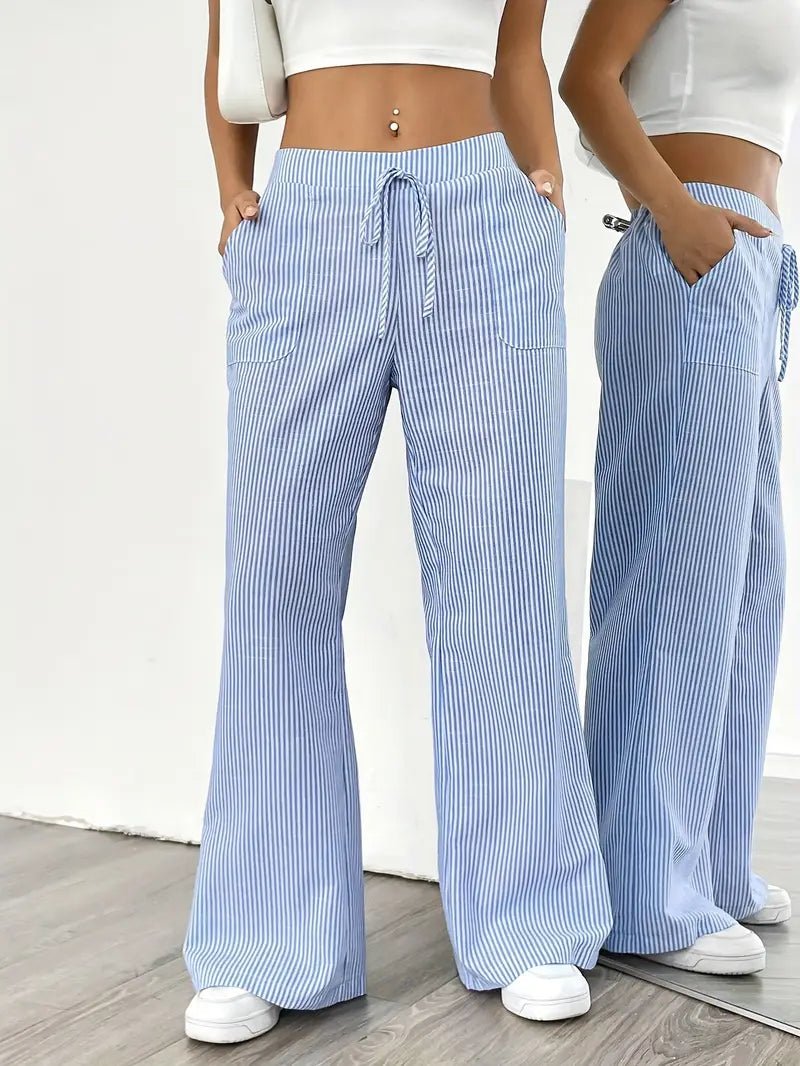Effortless Striped Linen Wide Leg Pants for Women with Drawstring Waist Pocket Casual Style
