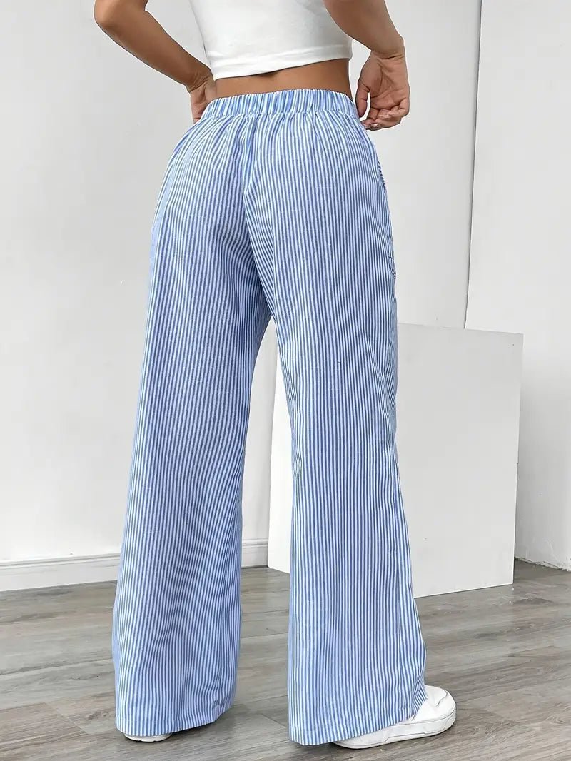 Effortless Striped Linen Wide Leg Pants for Women with Drawstring Waist Pocket Casual Style