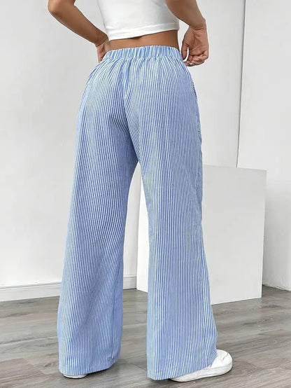 Effortless Striped Linen Wide Leg Pants for Women with Drawstring Waist Pocket Casual Style