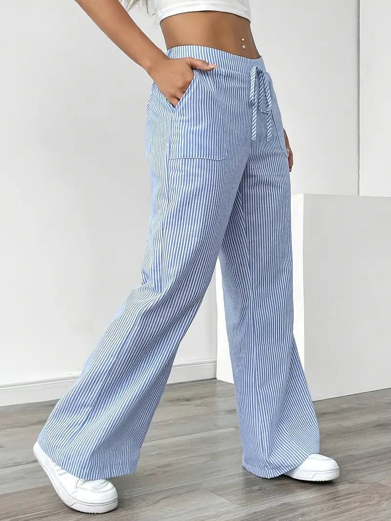 Effortless Striped Linen Wide Leg Pants for Women with Drawstring Waist Pocket Casual Style