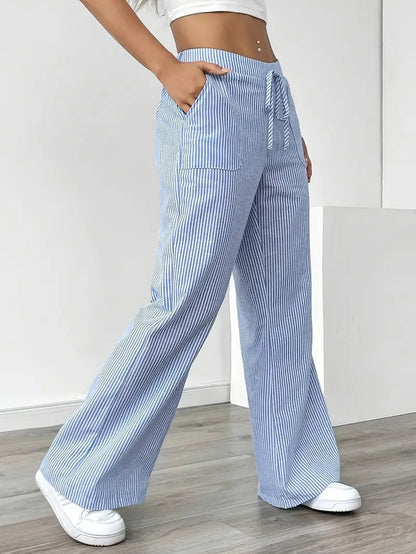Effortless Striped Linen Wide Leg Pants for Women with Drawstring Waist Pocket Casual Style