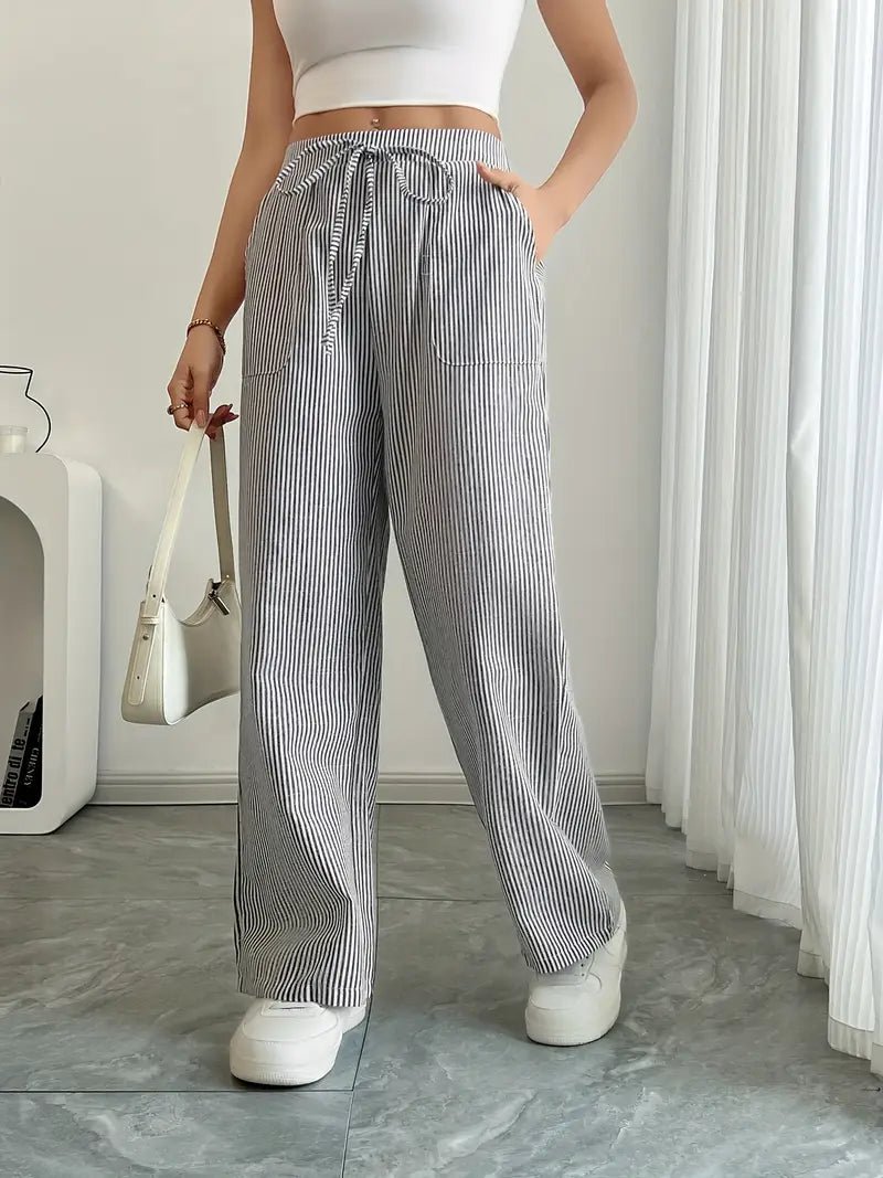 Effortless Striped Linen Wide Leg Pants for Women with Drawstring Waist Pocket Casual Style