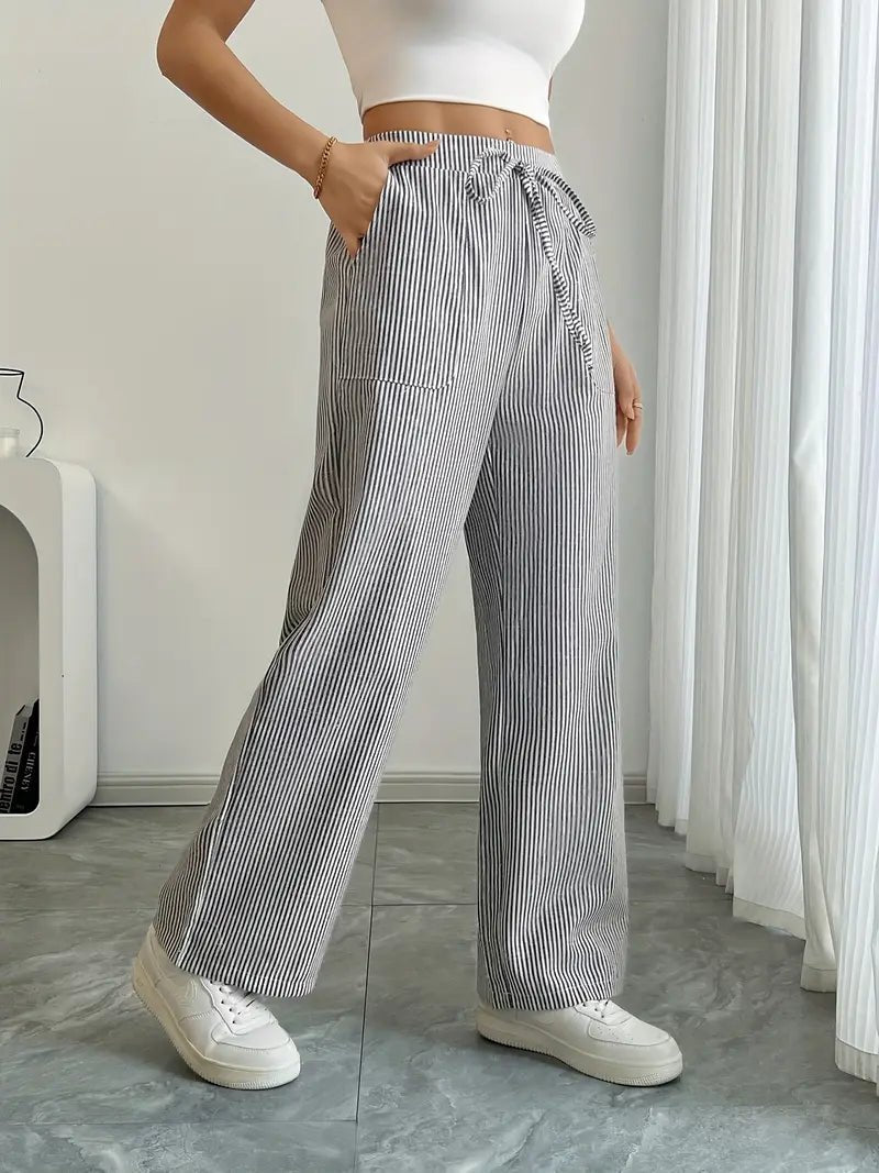 Effortless Striped Linen Wide Leg Pants for Women with Drawstring Waist Pocket Casual Style