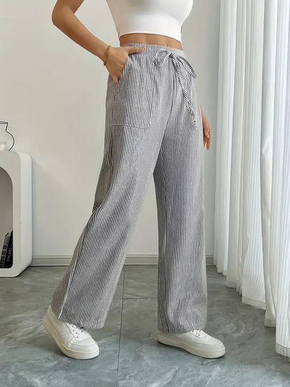 Effortless Striped Linen Wide Leg Pants for Women with Drawstring Waist Pocket Casual Style