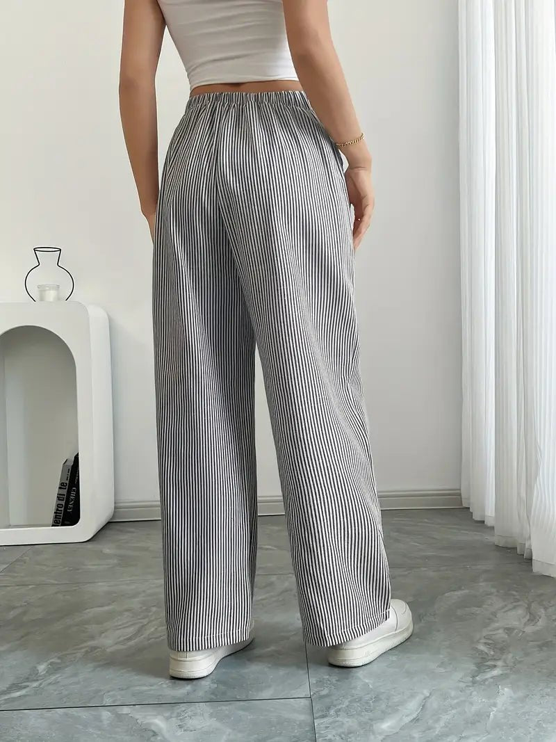 Effortless Striped Linen Wide Leg Pants for Women with Drawstring Waist Pocket Casual Style