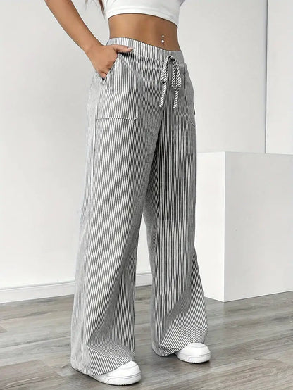 Effortless Striped Linen Wide Leg Pants for Women with Drawstring Waist Pocket Casual Style