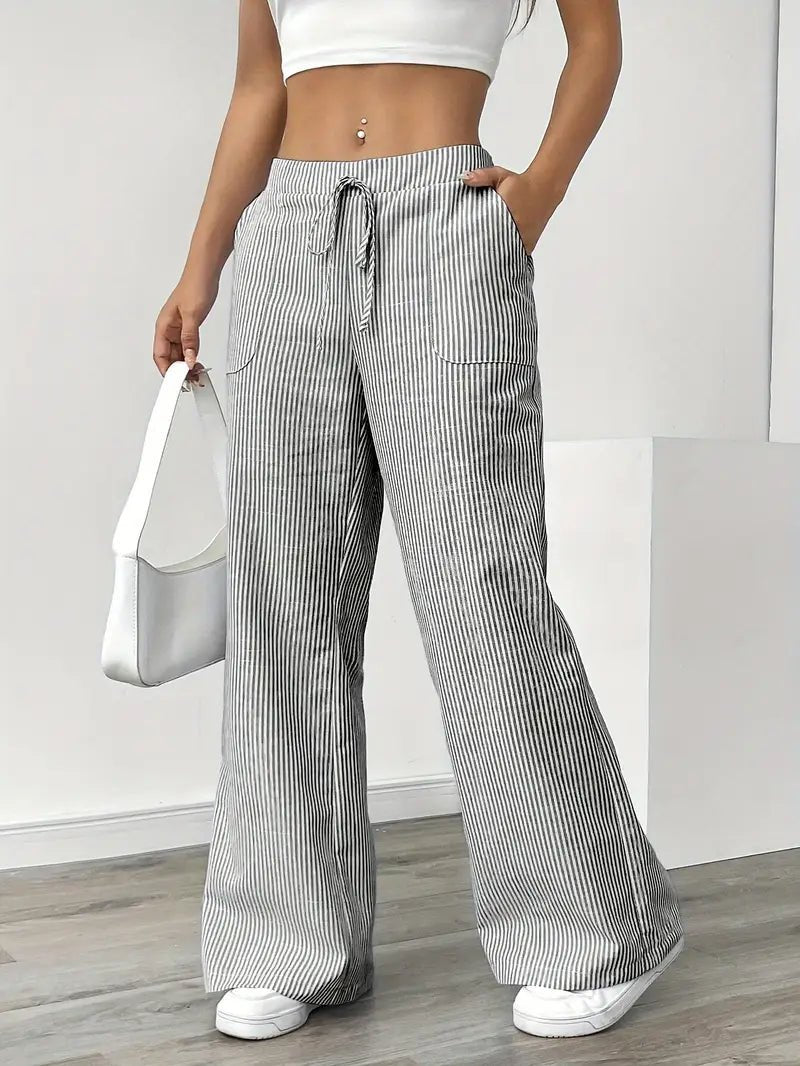 Effortless Striped Linen Wide Leg Pants for Women with Drawstring Waist Pocket Casual Style