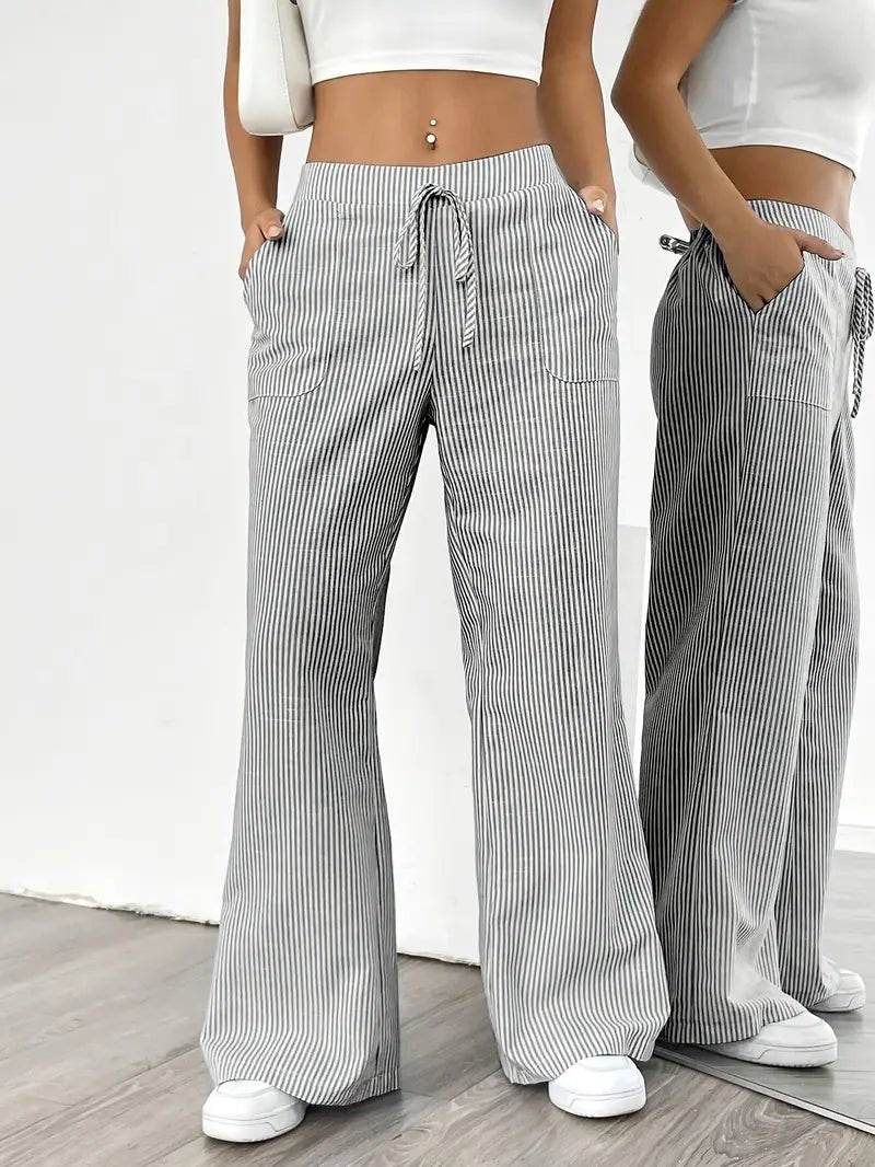 Effortless Striped Linen Wide Leg Pants for Women with Drawstring Waist Pocket Casual Style