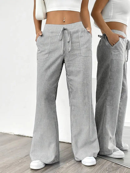Effortless Striped Linen Wide Leg Pants for Women with Drawstring Waist Pocket Casual Style