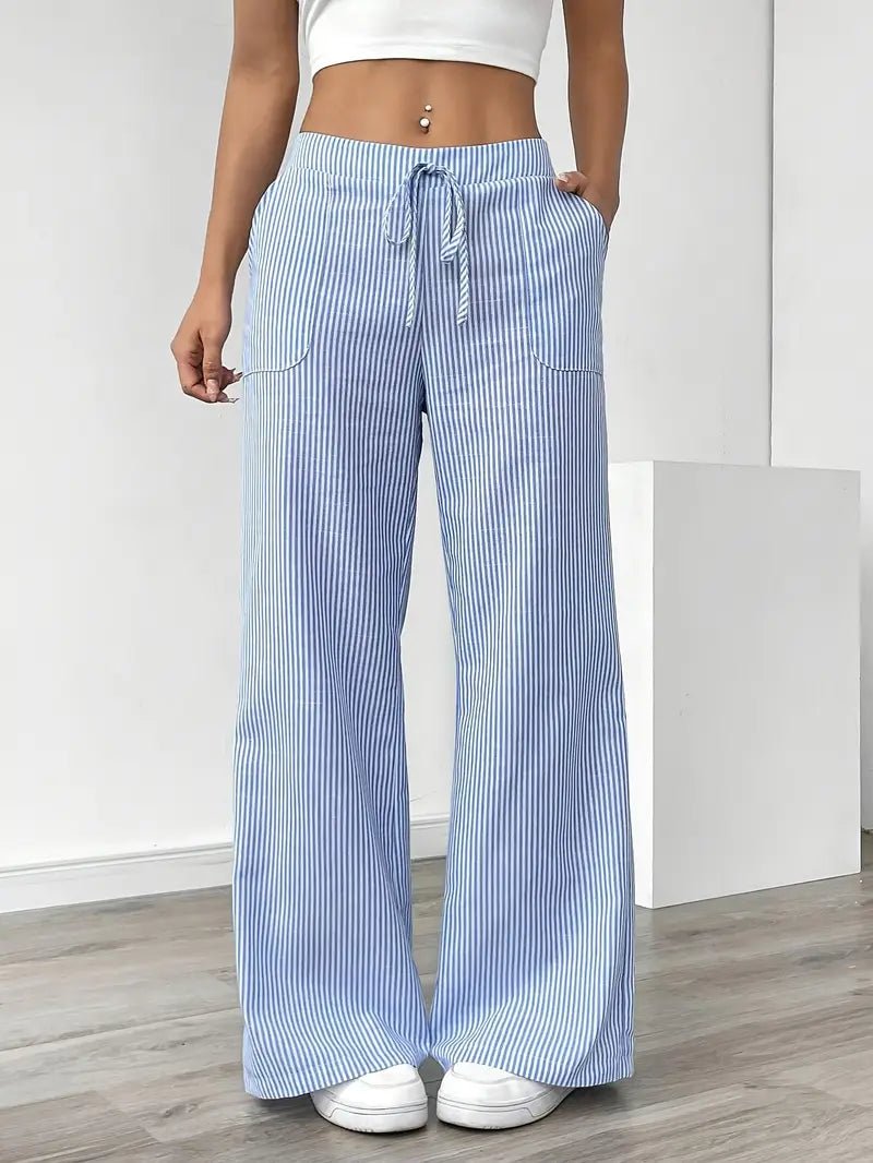 Effortless Striped Linen Wide Leg Pants for Women with Drawstring Waist Pocket Casual Style