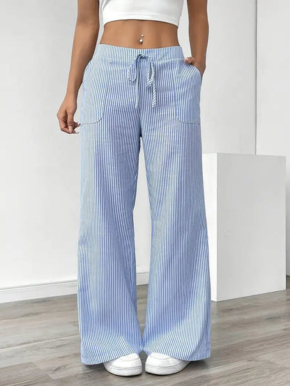 Effortless Striped Linen Wide Leg Pants for Women with Drawstring Waist Pocket Casual Style