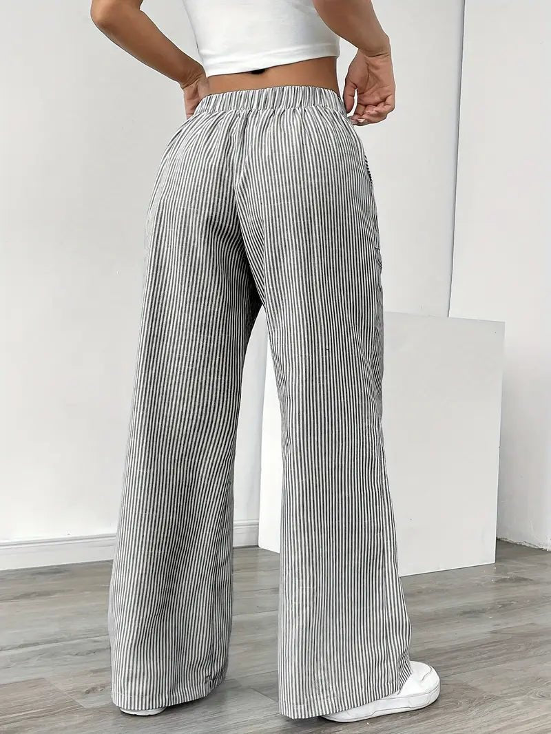 Effortless Striped Linen Wide Leg Pants for Women with Drawstring Waist Pocket Casual Style