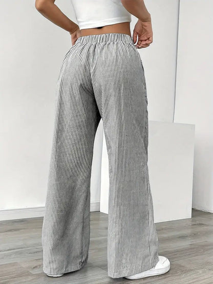 Effortless Striped Linen Wide Leg Pants for Women with Drawstring Waist Pocket Casual Style