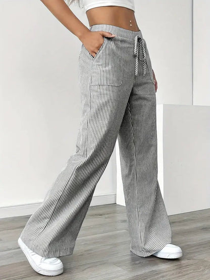 Effortless Striped Linen Wide Leg Pants for Women with Drawstring Waist Pocket Casual Style