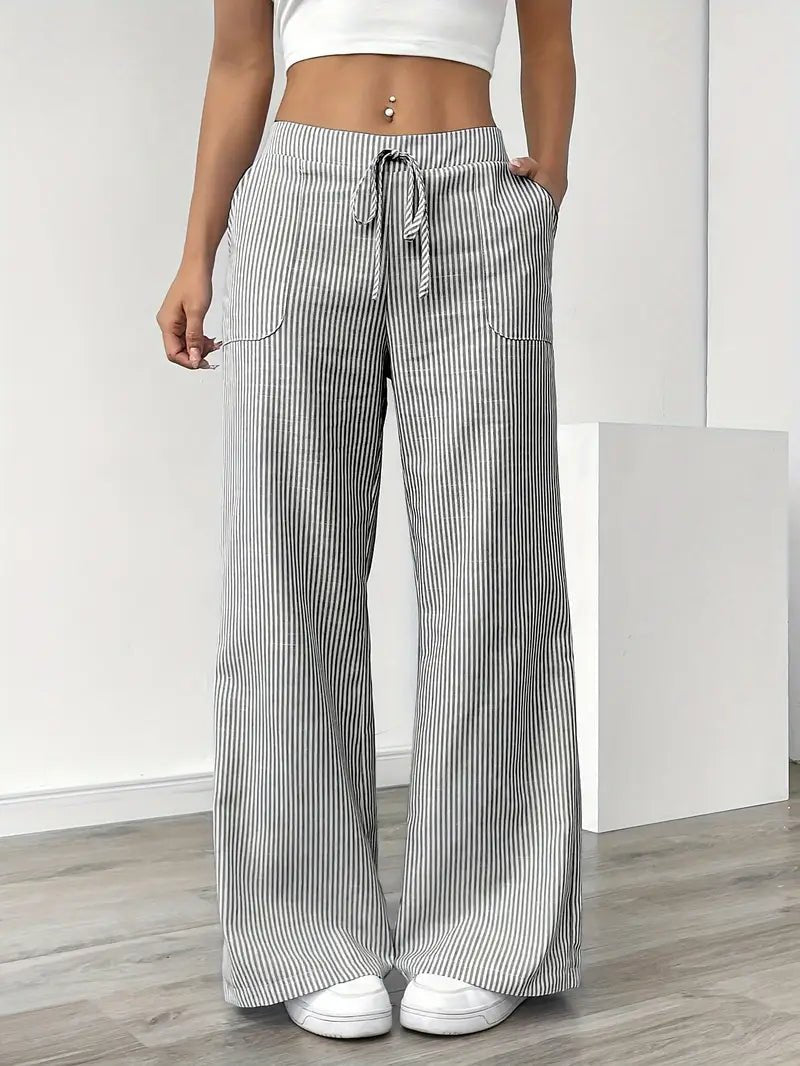 Effortless Striped Linen Wide Leg Pants for Women with Drawstring Waist Pocket Casual Style