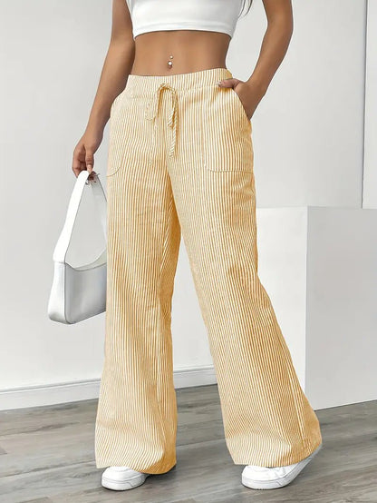 Effortless Striped Linen Wide Leg Pants for Women with Drawstring Waist Pocket Casual Style
