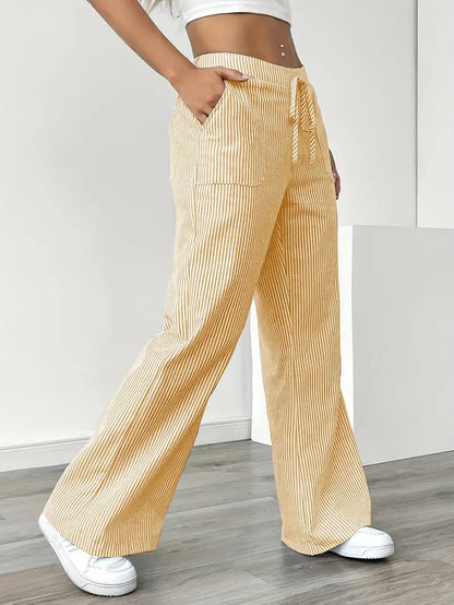 Effortless Striped Linen Wide Leg Pants for Women with Drawstring Waist Pocket Casual Style